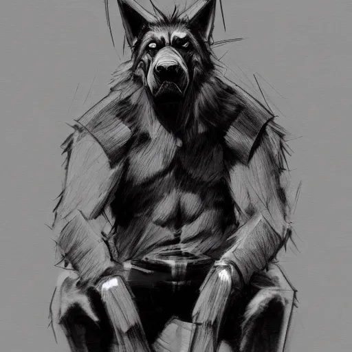 Image similar to a humanoid german shepherd beast - man, sitting on a couch and puts on jeans, artstation, concept art, smooth, sharp foccus ilustration, artstation