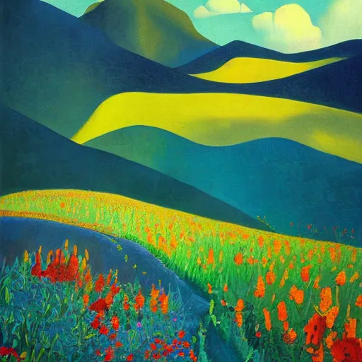 Image similar to mountain landscape in spring, flowers, teal landscape, dreamy light, sunny complementary palette, by and jacek yerga and tamara de lempicka and jesse king, pop surrealist, wiccan