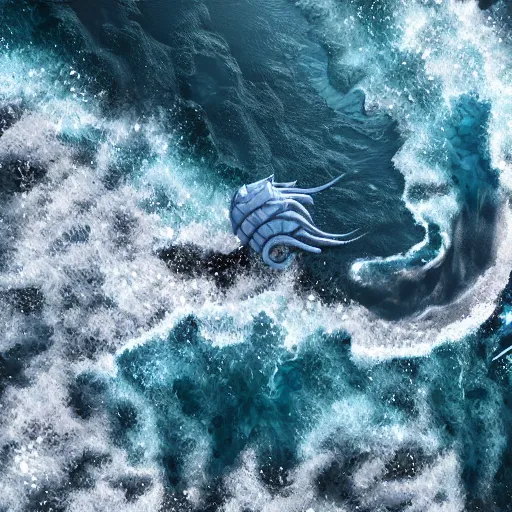 Image similar to top down view of an alien ocean with sea serpent emerging on top of it, detailed, cinematic lighting, storm is happening, unreal engine 4 render, artstaion