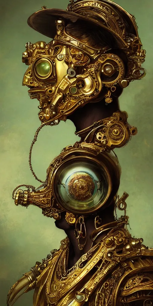 Prompt: ultra realistic character illustration, victorian male made of mechanical gold and brass parts, with a green cloak, ornate, engraved, intricate, elegant, artstation, concept art, marmoset toolbag, unreal engine, sharp focus, art by michael kutsche, peter mohrbacher, alphonse mucha, artgerm and greg rutkowski