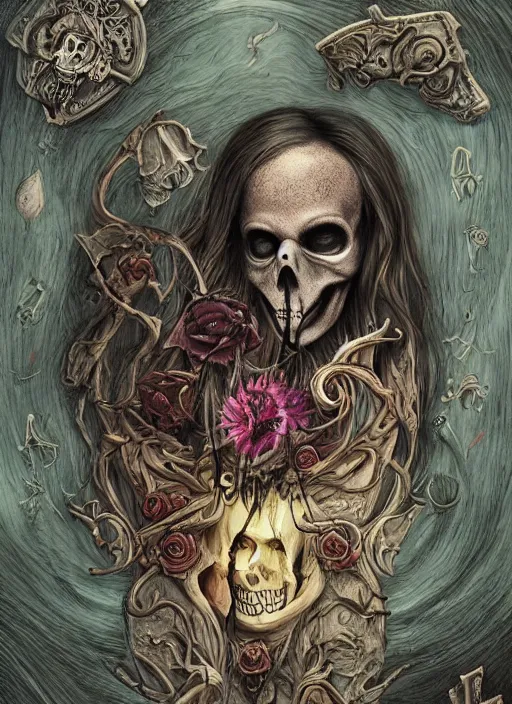 Image similar to alice in wonderland death tarot card, highly detailed, half skull face, cinematic, 8 k, bymegan duncanson, benjamin lacombe, naoto hattori, giger, trending on deviantart, hyper detailed, horror, full of colour