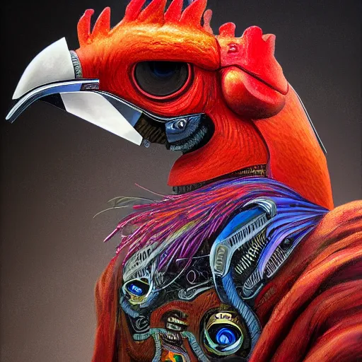 Prompt: a portrait of a robot rooster using a hoodie, surreal, LSD, face, detailed, intricate, elegant, lithe, highly detailed, digital painting, artstation, concept art, smooth, sharp focus, illustration, art by Jason Edmiston