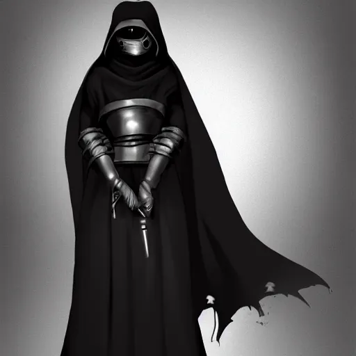 Image similar to female plague doctor donning a black hood, steel armor and a white crow mask, trending on artstation