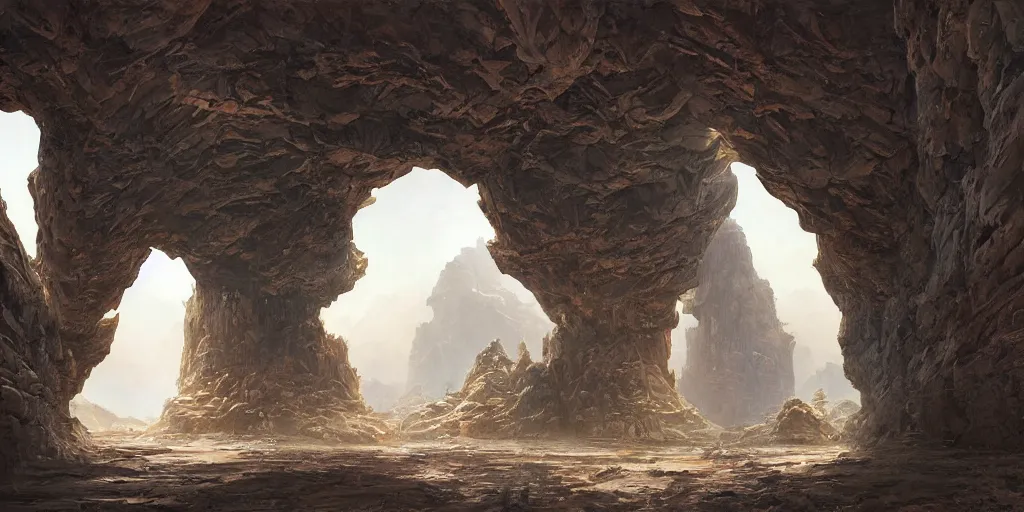 Prompt: highly detailed cinematic cave entrance in a scifi landscape by feng zhu, wayne barlowe, perfect geometry, hyper - detailed, sharp, beautiful, desaturated, beautiful lighting, oil on canvas, sunset