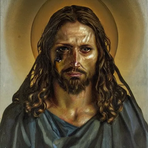 Prompt: oil painting by christian rex van minnen of a portrait of jesus christ, a depiction of jesus christ, scary, bible accurate, eyes scary, stern look, gross, dirty with intense chiaroscuro lighting perfect composition, baby scarred, burns, horrible, disgusting, terrifying, award winning painting