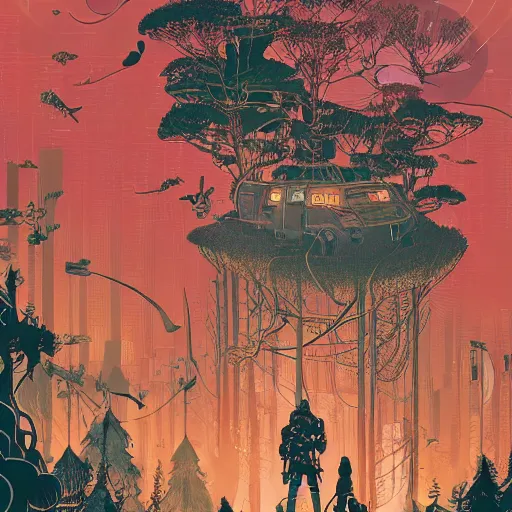 Image similar to Stunningly intricate illustration of single cyberpunk explorer holding with one hand his small friendly flying robot, lush forest in background, highly detailed, midnight, by Victo Ngai and James Gilleard , Moebius, Laurie Greasley