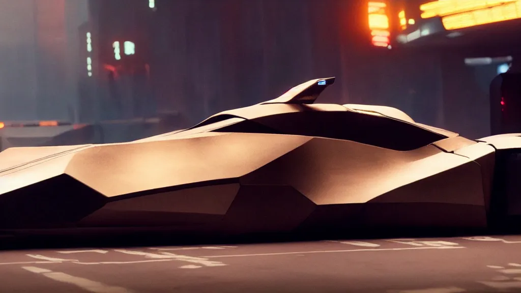 Image similar to A futuristic police car from Blade Runner 2049, film still from the movie directed by Denis Villeneuve with art direction by Salvador Dalí, wide lens