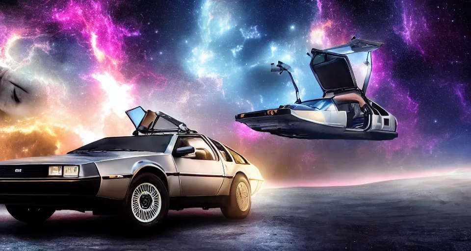 Image similar to inter dimensional sci - fi delorean far future, travelling across the stars, cosmos, galaxy, 8 k