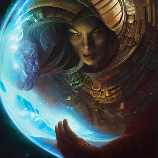 Image similar to the creator of worlds wearing a cloak and holding a holographic planet projection in his hand, detailed, sci - fi, digital painting, artstation, sharp focus, illustration, ominous, artgerm, tomasz alen kopera, peter mohrbacher, donato giancola, joseph christian leyendecker, wlop, frank frazetta