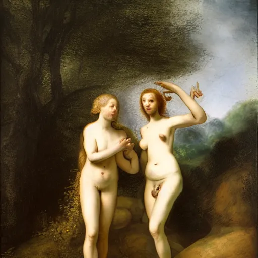 Prompt: adam and eve, painted by rembrandt