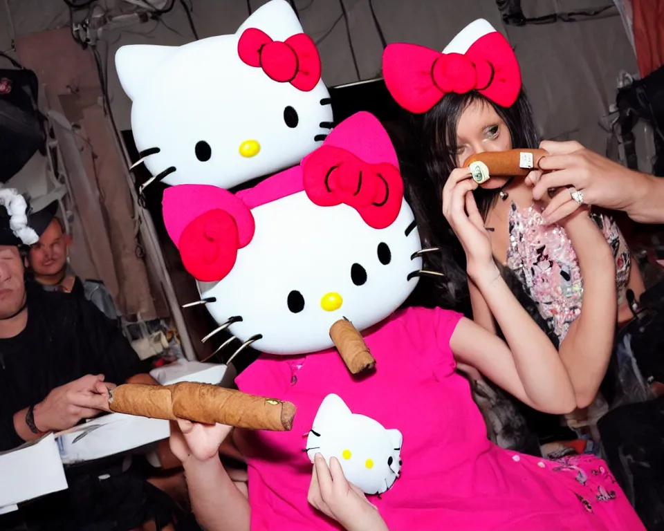 Image similar to Hello Kitty backstage smoking a cigar