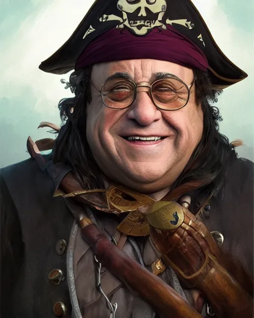 Image similar to portrait of danny devito as a pirate, highly detailed, digital painting, artstation, concept art, sharp focus, illustration, art by artgerm and greg rutkowski and alphonse mucha