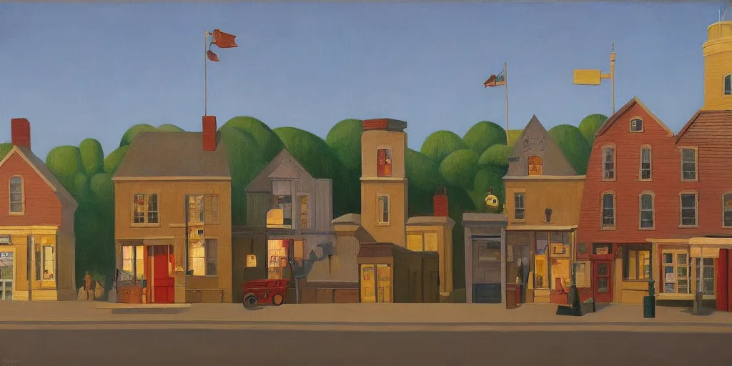 Prompt: quaint little toy town, main street elevation, grant wood, pj crook, edward hopper, oil on canvas