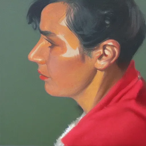 Prompt: profile portrait in peruvian realist style ( 1 9 5 4 ), olive green, vermilion, titanium white, modeled lighting, detailed, expressive, shadows