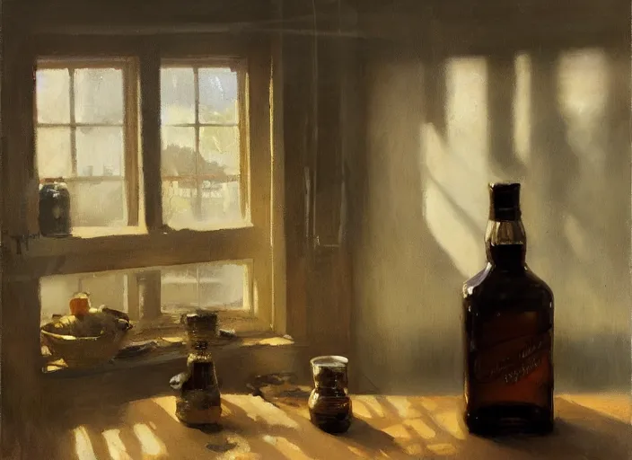 Prompt: oil painting of whiskey bottle, malt, barley plants, grain, art by anders zorn, wonderful masterpiece by greg rutkowski, beautiful cinematic light, backlit, window cast shadows, american romanticism by greg manchess, creation by tyler edlin