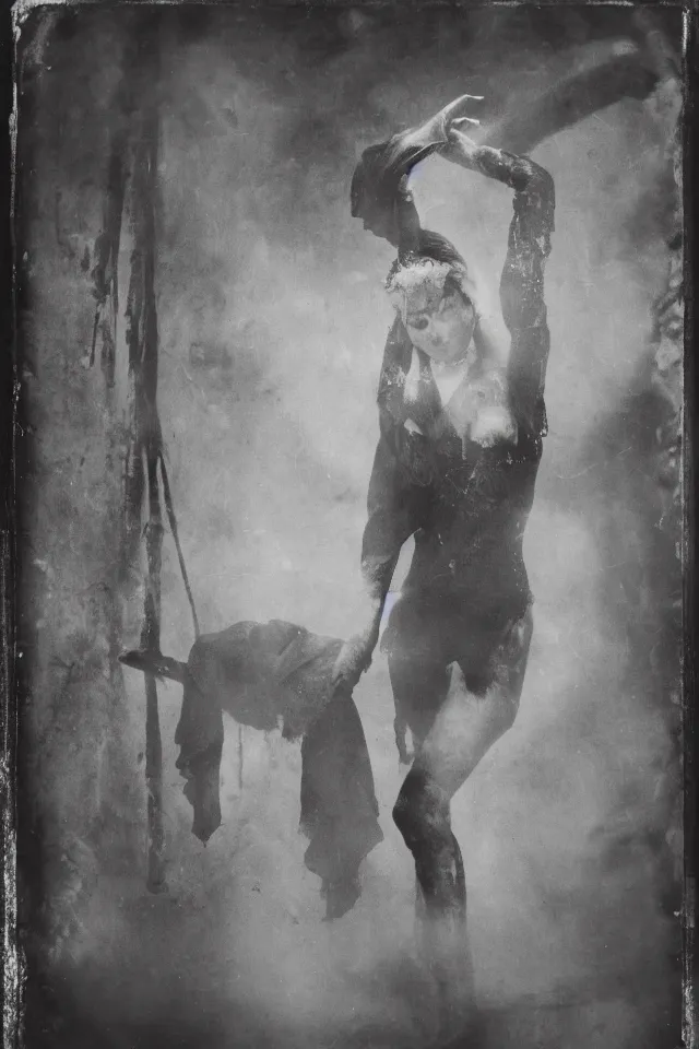 Prompt: wet plate photograph portrait of scarves dancer in victorian era boiler room, coal inferno