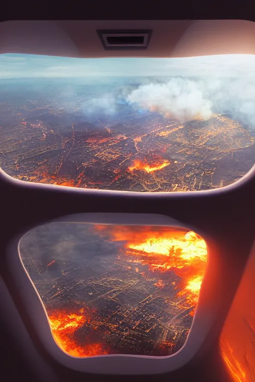 Image similar to inside airplane window view, the end of the word, huge fire, matte painting, very detailed, trending on artstation