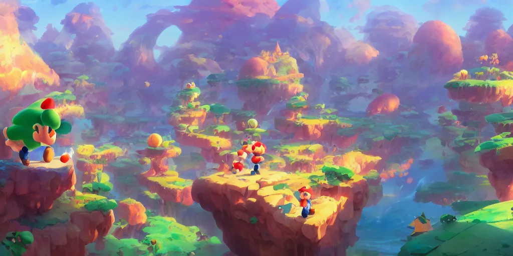 Image similar to dynamics matte painting acrylic blur oil marioworld wonderland yoshi kurbi dofus, behance hd by jesper ejsing, by rhads, makoto shinkai and lois van baarle, ilya kuvshinov, rossdraws global illumination