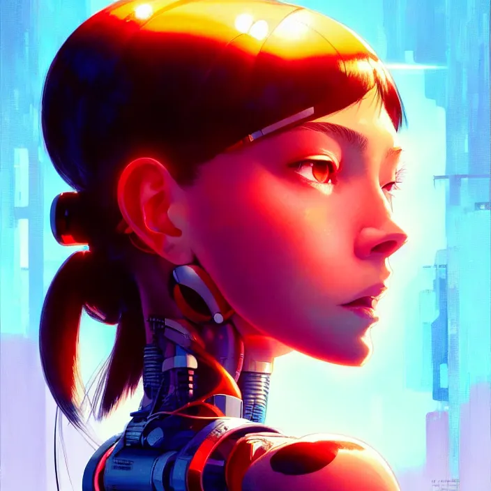 Image similar to side portrait of cyborg girl | | head and shoulders only, audrey plaza, fine detail!! anime!! realistic shaded lighting!! poster by ilya kuvshinov katsuhiro otomo ghost - in - the - shell, magali villeneuve, artgerm, jeremy lipkin and michael garmash and rob rey