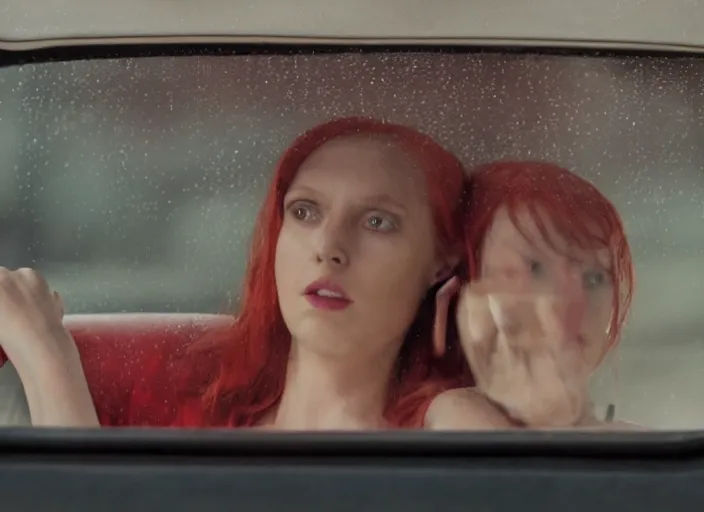 Image similar to A very high resolution image from a new movie, inside of a car, red hair woman, raining, hot, directed by wes anderson