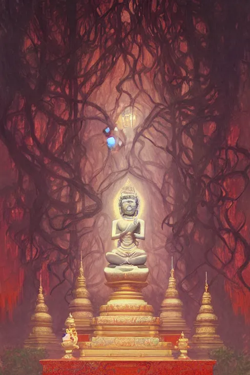 Prompt: temple, buddhism, painting by greg rutkowski, artgerm, claude monet, j. c. leyendecker