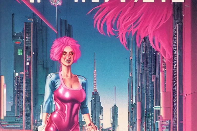 Image similar to 1979 OMNI Magazine Cover of woman with shiny Chrome face with Pink hair. neo-Tokyo streets behind her. in cyberpunk style by Vincent Di Fate