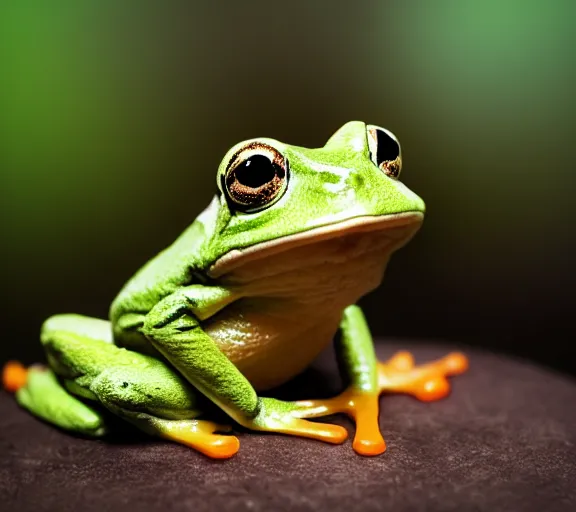 Prompt: photo of a cute frog, sitting on top of his cute mushroom friend, various poses, soft light, faded colors, well framed, sharp focus, 8 k