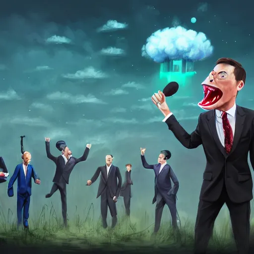 Image similar to comedian in suit and tie performing in a battle-field, stand-up comedian, dead laughing bodies on the ground, nuclear cloud in the far horizon, fantasy, intricate, highly detailed, digital painting, trending on artstation, concept art, smooth, sharp focus