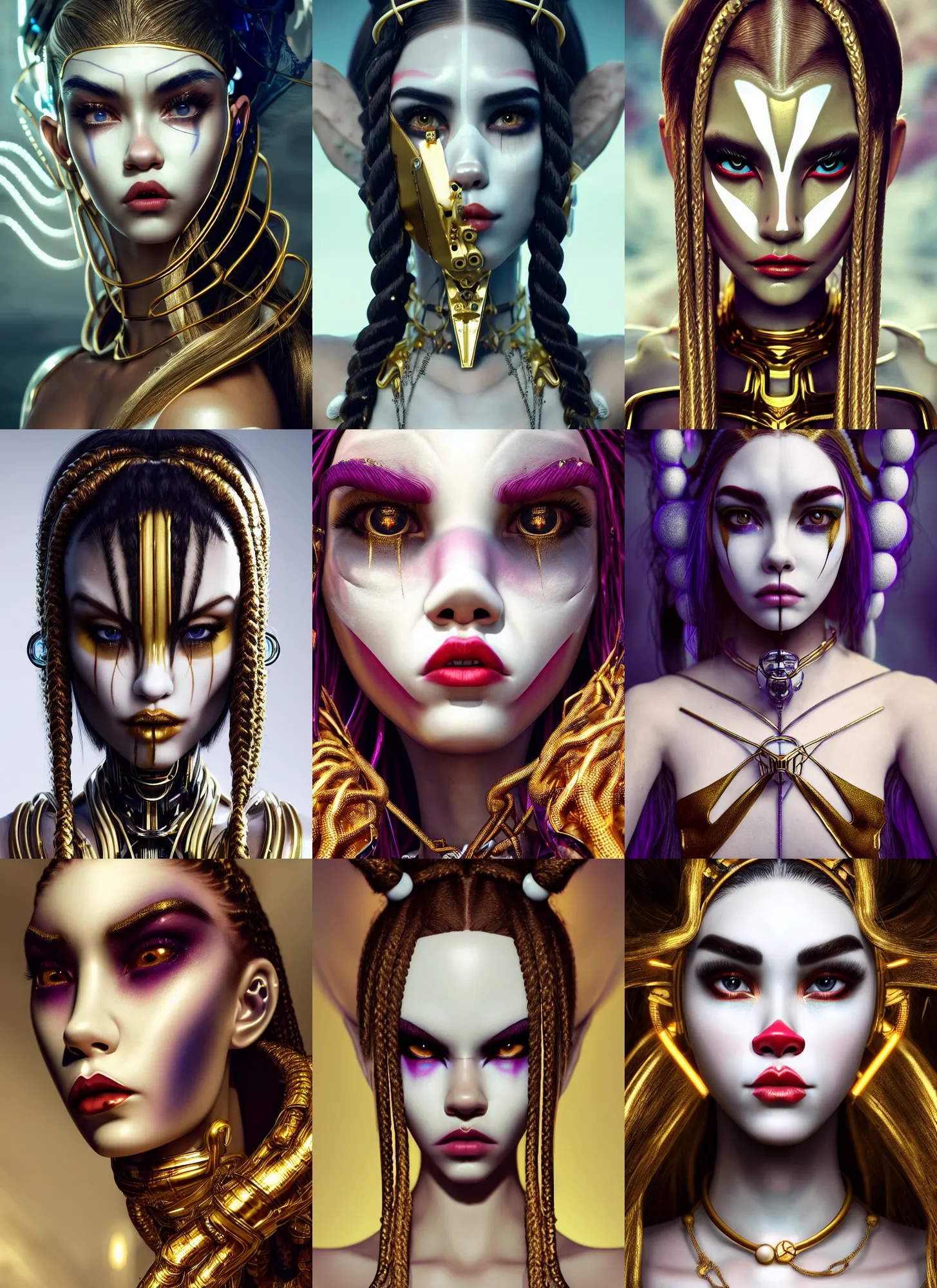 Prompt: madison beer edm white clowncore cyborg | braids, jewelry | glamorous oily soft polished rich enticing ornate modern | weta disney movie still photo | hi - fructose, sci fi fantasy, geometric golden ratio details, smooth, octane render, sharp focus, artstation, concept art | feng zhu, artgerm, mucha, wlop, loish |