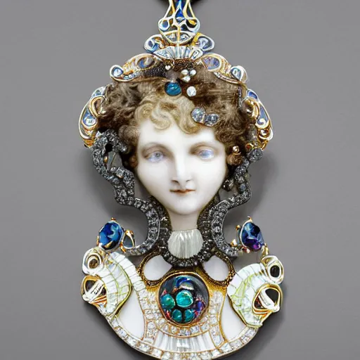 Image similar to artnouveau necklace of a woman's face with open eyes and messy hair in a bundle surrounded by gemstones highly detailed art by rene lalique