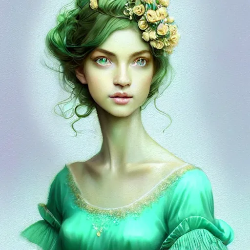 Prompt: Portrait of dreamy and ethereal women with light green eyes wearing mint green ornate frilly dress, peaceful expression, fantasy, intricate, elegant, beautiful, digital art, beautiful dynamic lighting, golden ratio, highly detailed, digital painting, trending on artstation, concept art, smooth, sharp focus, illustration, photo realistic, art by artgerm and greg rutkowski and alphonse mucha 8K