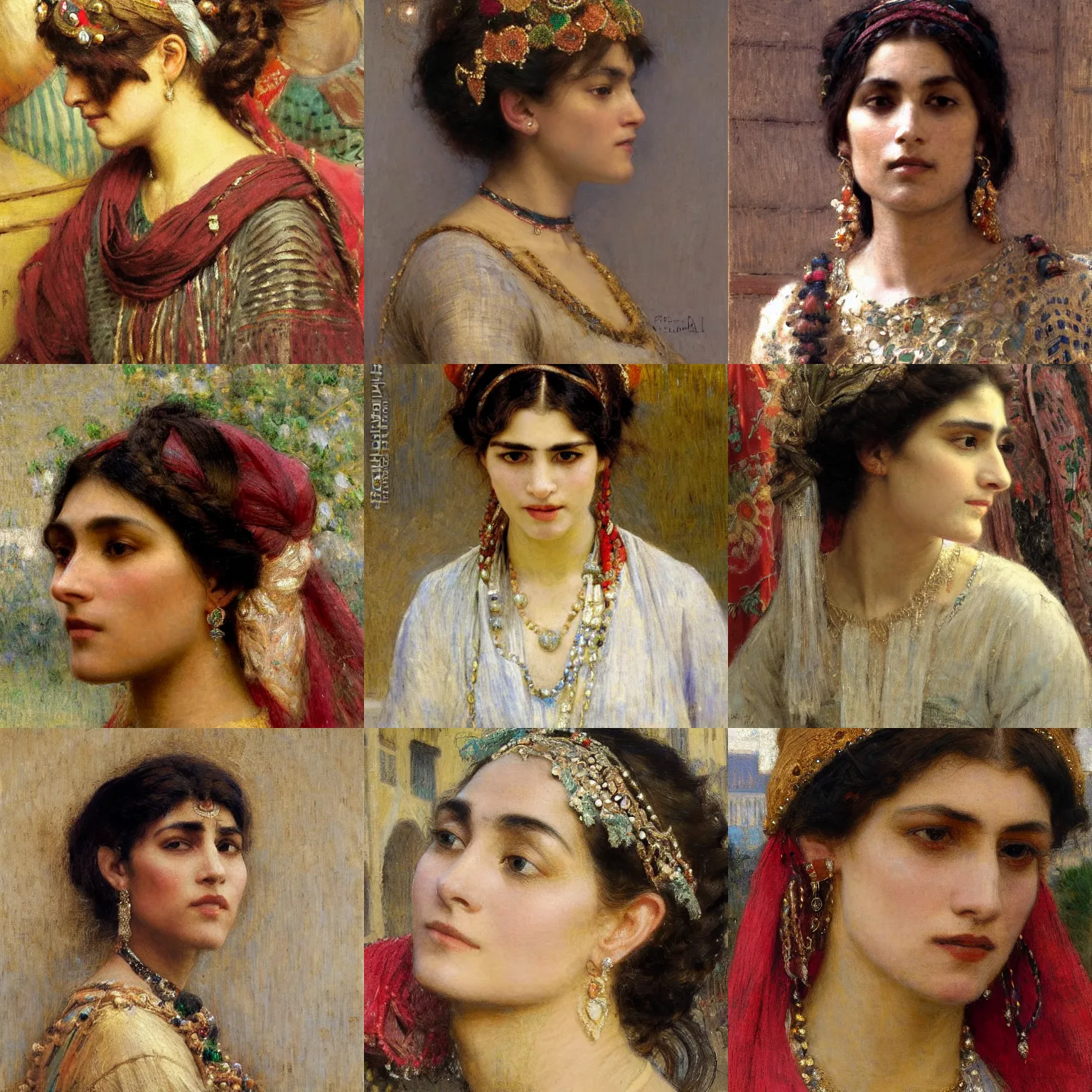 Prompt: orientalism woman wearing jewels in her hair standing in a market face detail by theodore ralli and jules bastien - lepage and and nasreddine dinet, masterful intricate artwork, excellent lighting, high detail 8 k