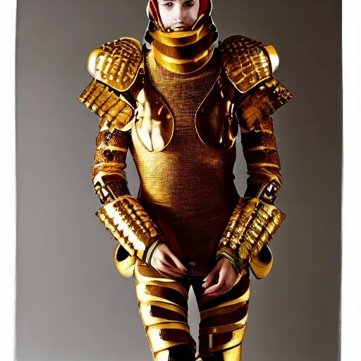 Image similar to a portrait of a beautiful young male wearing an alexander mcqueen armor made of caramel, photographed by andrew thomas huang, artistic