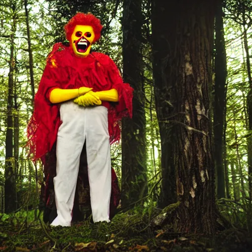 Image similar to ronald mcdonald as a dark scary horror creature with teeth in the woods with only one flashlight