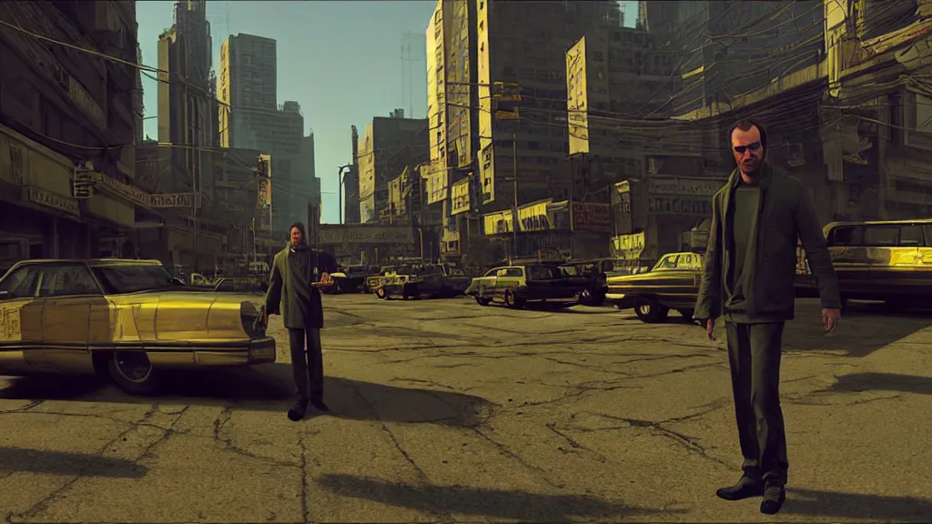 Prompt: vibrant aesthetic highly detailed photography of characters in gta iv scene, characters with hyperrealistic highly detailed faces. from dune ( 2 0 2 1 ) by alejandro hodorovski and denis villeneuve and gregory crewdson style with many details by mike winkelmann and vincent di fate in sci - fi style. volumetric natural light hyperrealism photo on dsmc 3 system