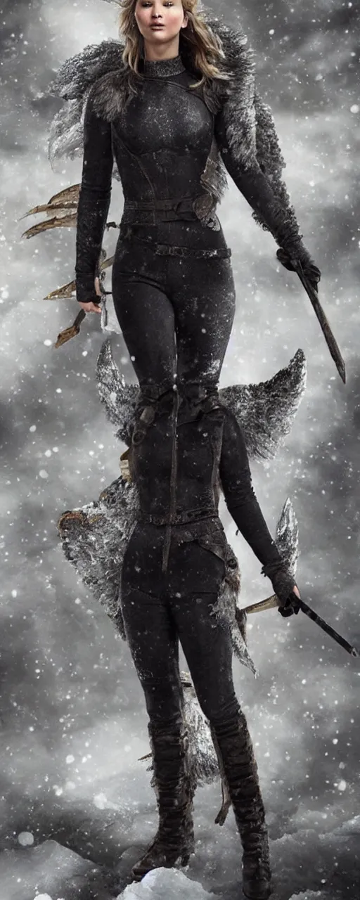 Image similar to Jennifer Lawrence as Winter Wyvern, full body shot