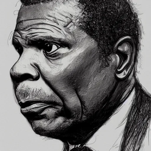 Prompt: a realistic yet scraggly portrait sketch of the side profile of a stern and sophisticated sidney poitier, trending on artstation, intricate details, in the style of frank auerbach, in the style of sergio aragones, in the style of martin ansin, in the style of david aja, in the style of mattias adolfsson