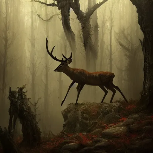 Image similar to anthropomorphic human deer monster in a dark moonlif forest, horror, highly detailed, by Greg Rutkowski, trending on artstation, 4k