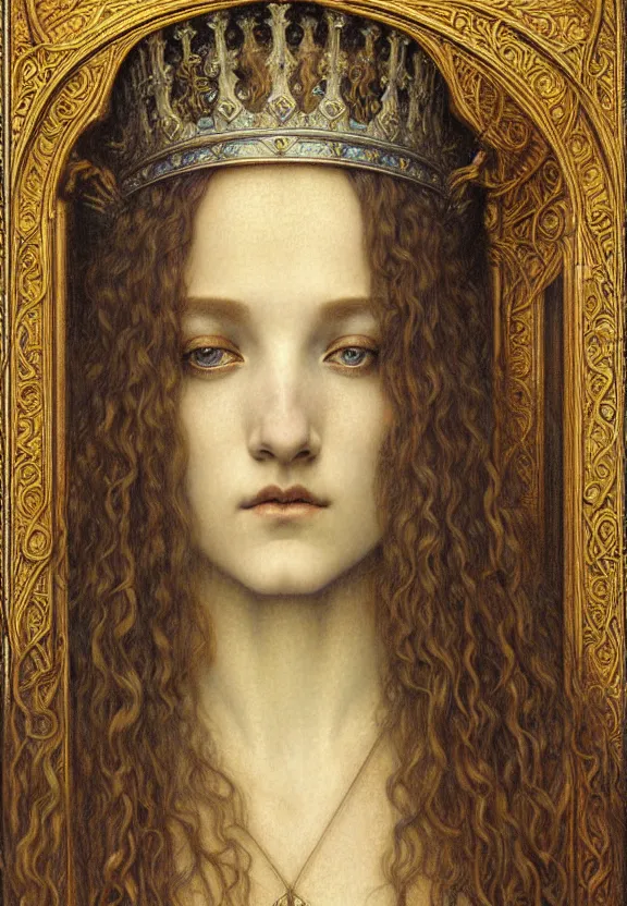 Image similar to detailed realistic beautiful young medieval queen face portrait by jean delville, gustave dore and marco mazzoni, art nouveau, symbolist, visionary, gothic, pre - raphaelite. horizontal symmetry