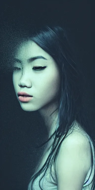 Image similar to dark background, light paint, candid!! long portrait of a very very beautiful! young filipino woman with narrow face, large eyes and flowing long hair, swirling dreamy smoke and fog is coming from her mouth, face partially obscured, by conrad roset, abstract background, dramatic lighting, trending on artstation