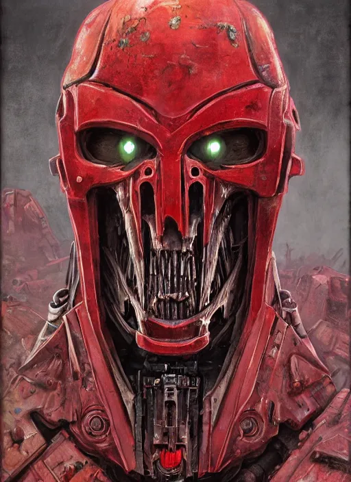 Image similar to portrait of rotten zombie head adeptus mechanicus in red hood and robe from Warhammer 40000. Highly detailed, artstation, illustration by and John Blanche and zdislav beksinski and wayne barlowe