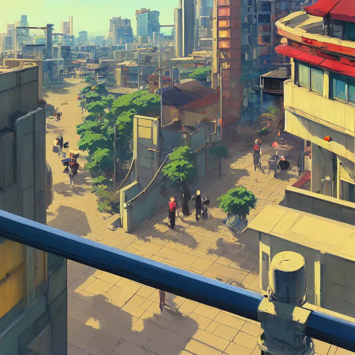 Image similar to top view painting of a stone railing urban japanese city in the background in the style of cowboy bebop, anime style, calm, sunny day, bright, artwork by jeremy lipkin and giuseppe dangelico pino and michael garmash and rob rey and greg manchess and huang guangjian and makoto shinkai, sharp edges, simple form, 1 0 0 mm