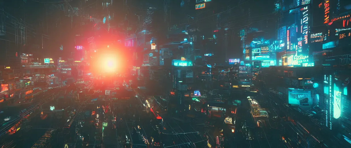 Prompt: an android thief on a motorcycle making a getaway from a helicopter in a glowing neon cyberpunk city at dawn, unreal engine, cinematic atmosphere, establishing shot viewed from above