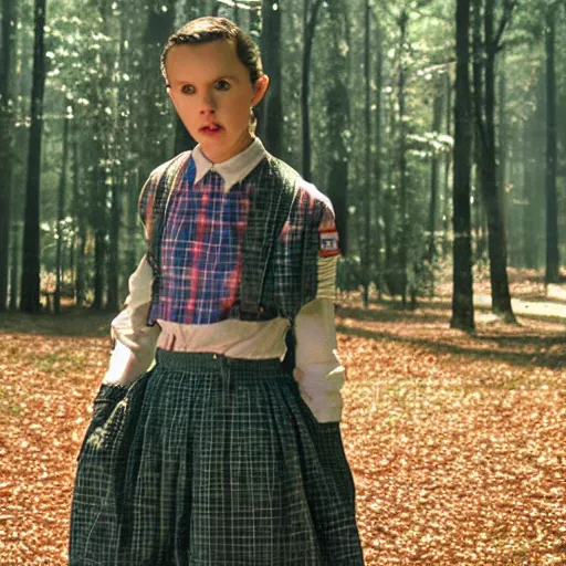 Prompt: millie bobby brown as eleven from stranger things 1 8 9 0's photography