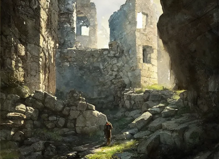 Prompt: watercolor painting of exploring rocky castle ruins, stone walls, very beautiful ambient lighting, sun rays, dust, art by anders zorn, wonderful masterpiece by greg rutkowski, cinematic light, american romanticism by greg manchess, creation by tyler edlin