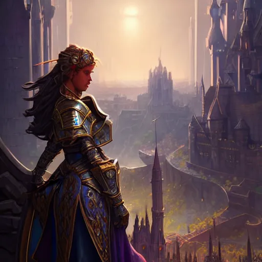 Prompt: knight, female, fantasy city in background, D&D, fantasy, intricate, elegant, highly detailed, digital painting, artstation, octane render, concept art, matte, sharp focus, illustration, hearthstone, shallow depth of field, dramatic lighting, art by Artgerm and Greg Rutkowski and Alphonse Mucha