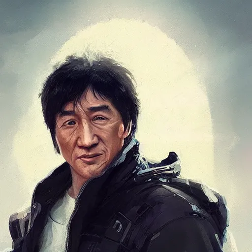 Image similar to “Portrait of young Jackie Chan by Greg Rutkowski, young, manly, attractive, strong, older brother vibes, highly detailed portrait, scifi, digital painting, artstation, concept art, smooth, sharp foccus ilustration, Artstation HQ”