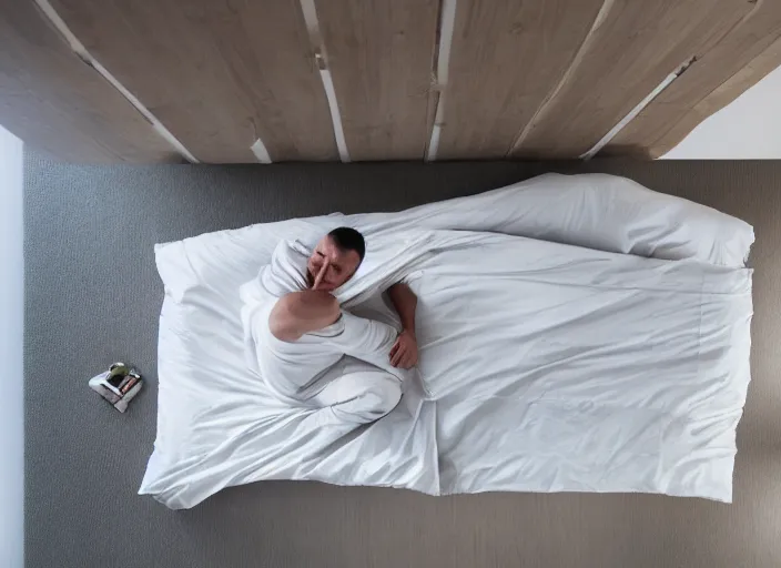 Prompt: a very huge bed, empty, white wrinkled sheets, in which a man in pajamas, floating!!! above the bed, is sleeping on his side, ultrawide shot, aerial view, general llustration, 8 k, sharp focus, studio light, trending on artstation