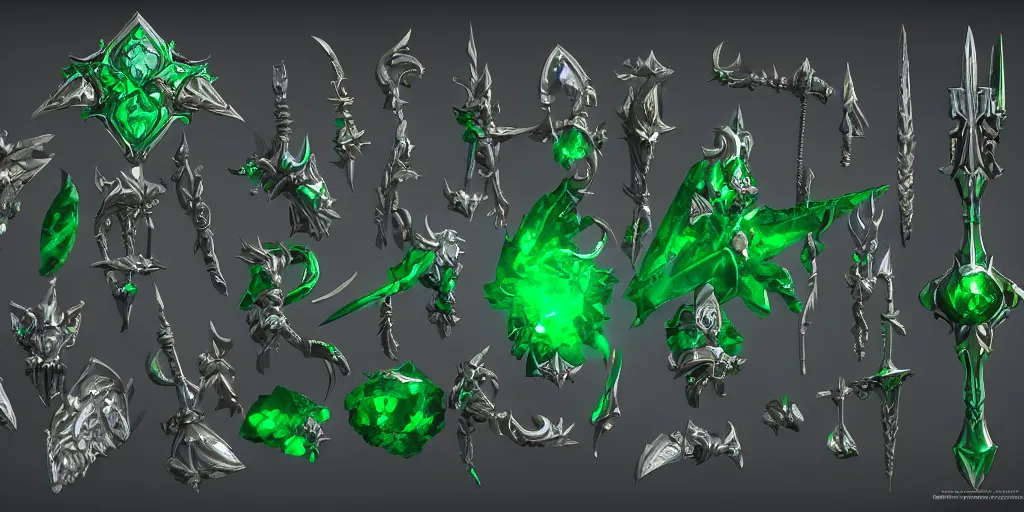 Image similar to fantasy world of warcraft weapons and treasure, green emerald, crystal, magic, hard surface, collection, kitbash, parts, artstation, 8k, Shape and form