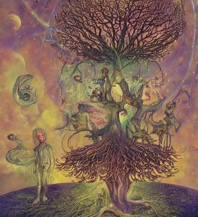 Image similar to aliens grow humans from the cosmic tree of life, whilst it absorbs all galactical and masonic energy fields, by daniel merriam, deep and rich colours,